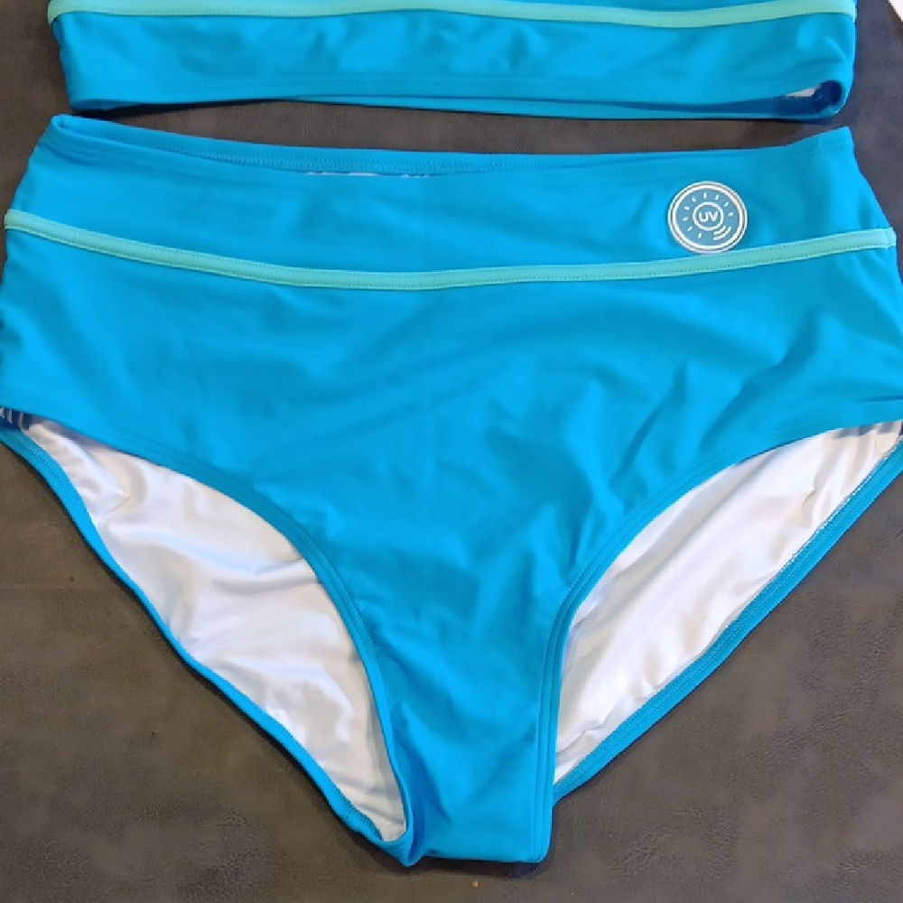NWT. CHARMO Vibrant Aqua  Sporty High-waist Bikini Set with Lime Details - Picture 3 of 8